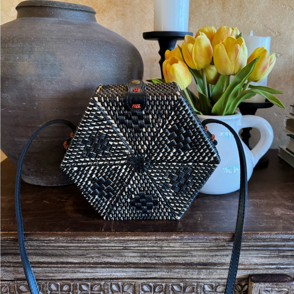 Black and Brown Hexagonal Hand Woven Cross Body Bag